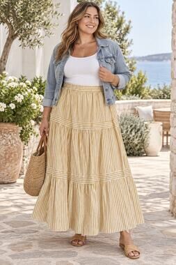 Molly Bracken Striped Tiered Cotton Blend Maxi Skirt Mustard White Women's XL